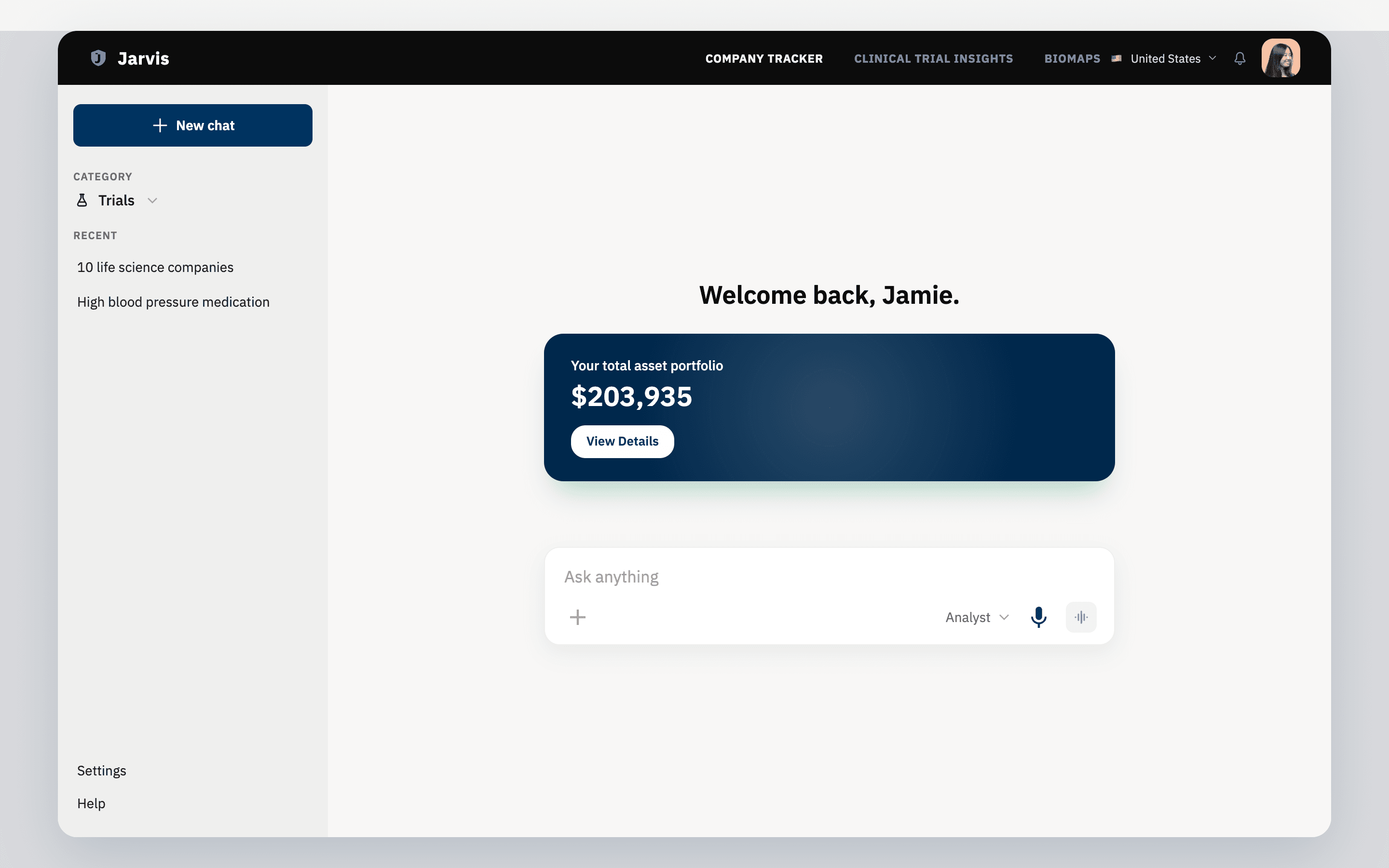 Jarvis home with a portfolio card and an Ask anything prompt