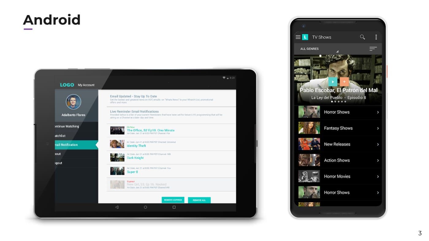 Android tablet and phone screens showing account settings, live reminder notifications, and a TV shows browse screen
