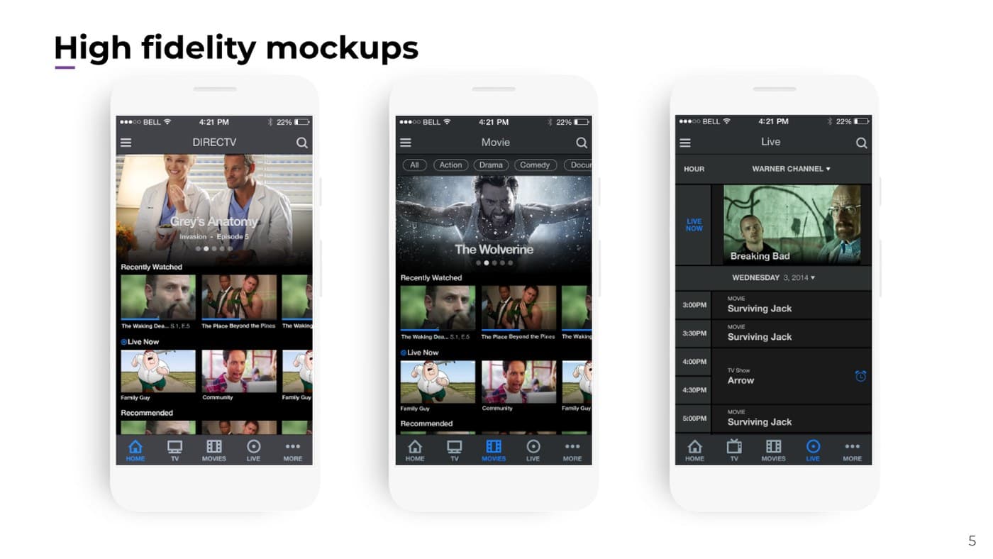 Three high-fidelity iPhone mockups of the DIRECTV home, movies, and live TV guide screens