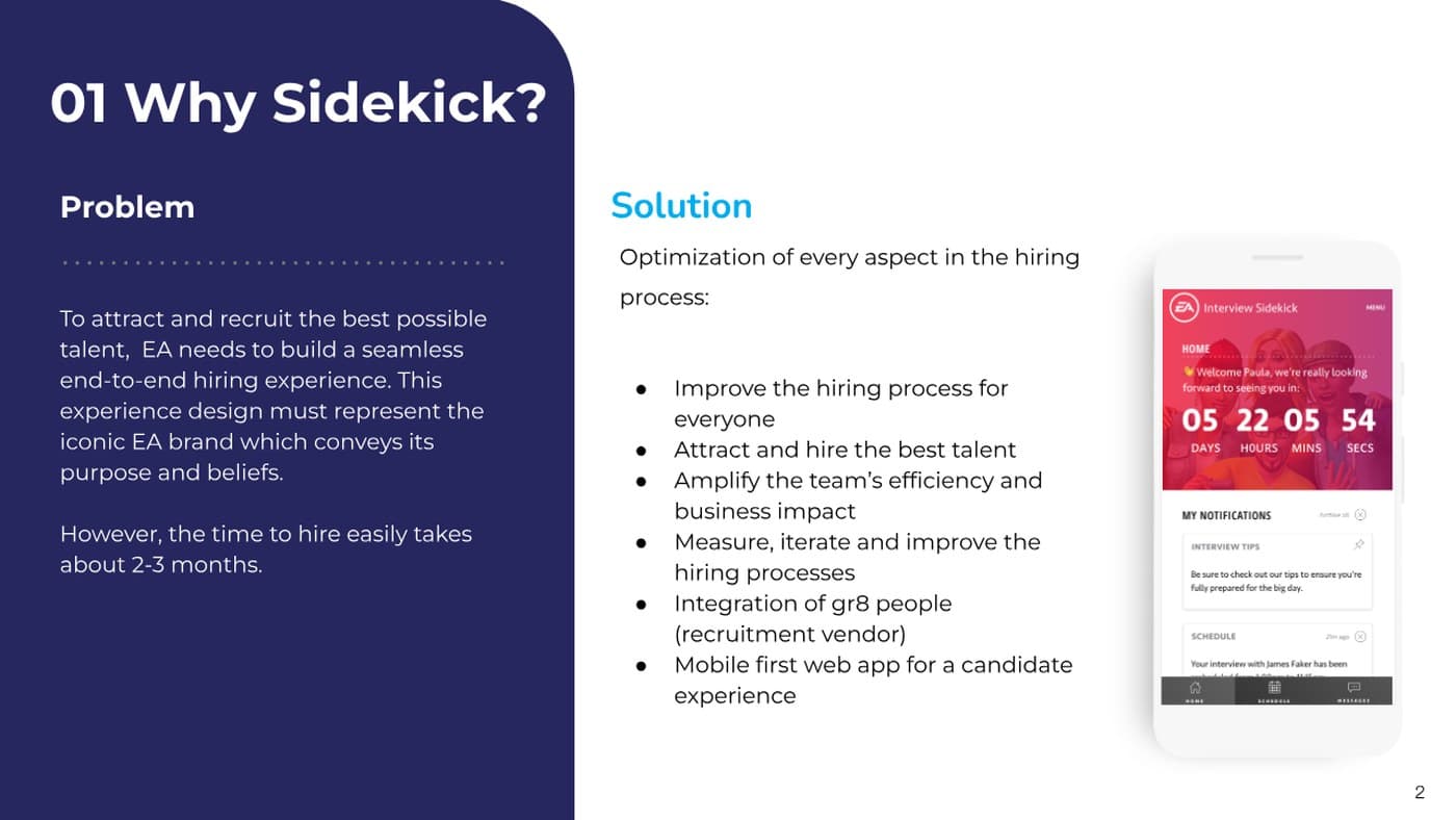 Why Sidekick slide with the problem statement, solution hypothesis, and a candidate quote next to an iPhone countdown-timer screen