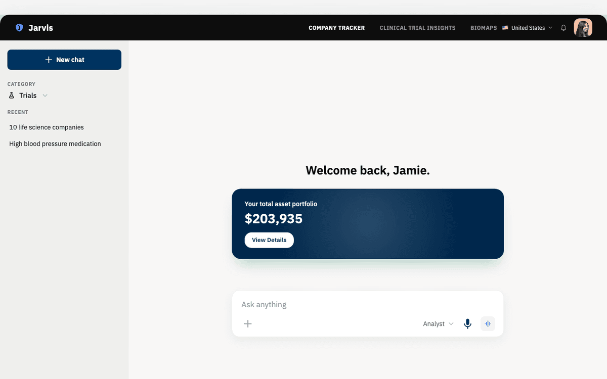 Jarvis desktop screen: a dark top nav with Company Tracker/Clinical Trial Insights/Biomaps, a persistent New chat / Category / Recent sidebar, and a centered Welcome card with an Ask-anything prompt dock