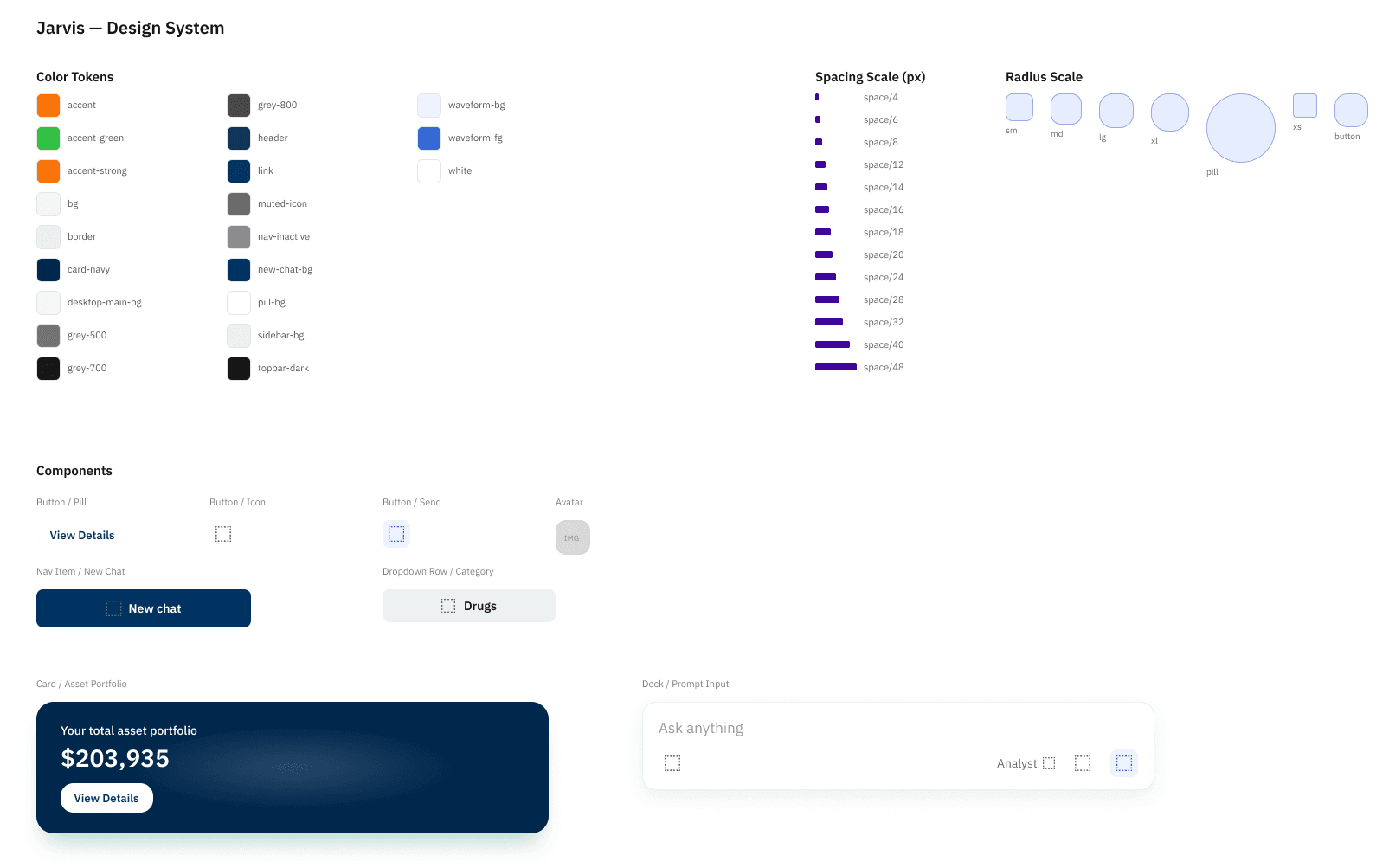 Jarvis Figma design system: color, spacing, and radius tokens plus a component library of buttons, the asset card, the category dropdown row, and the prompt dock