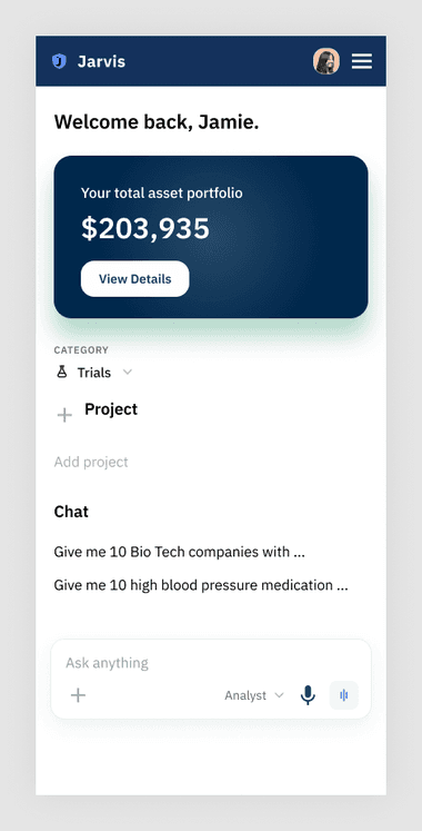 Jarvis mobile mockup captured in Figma from the live app