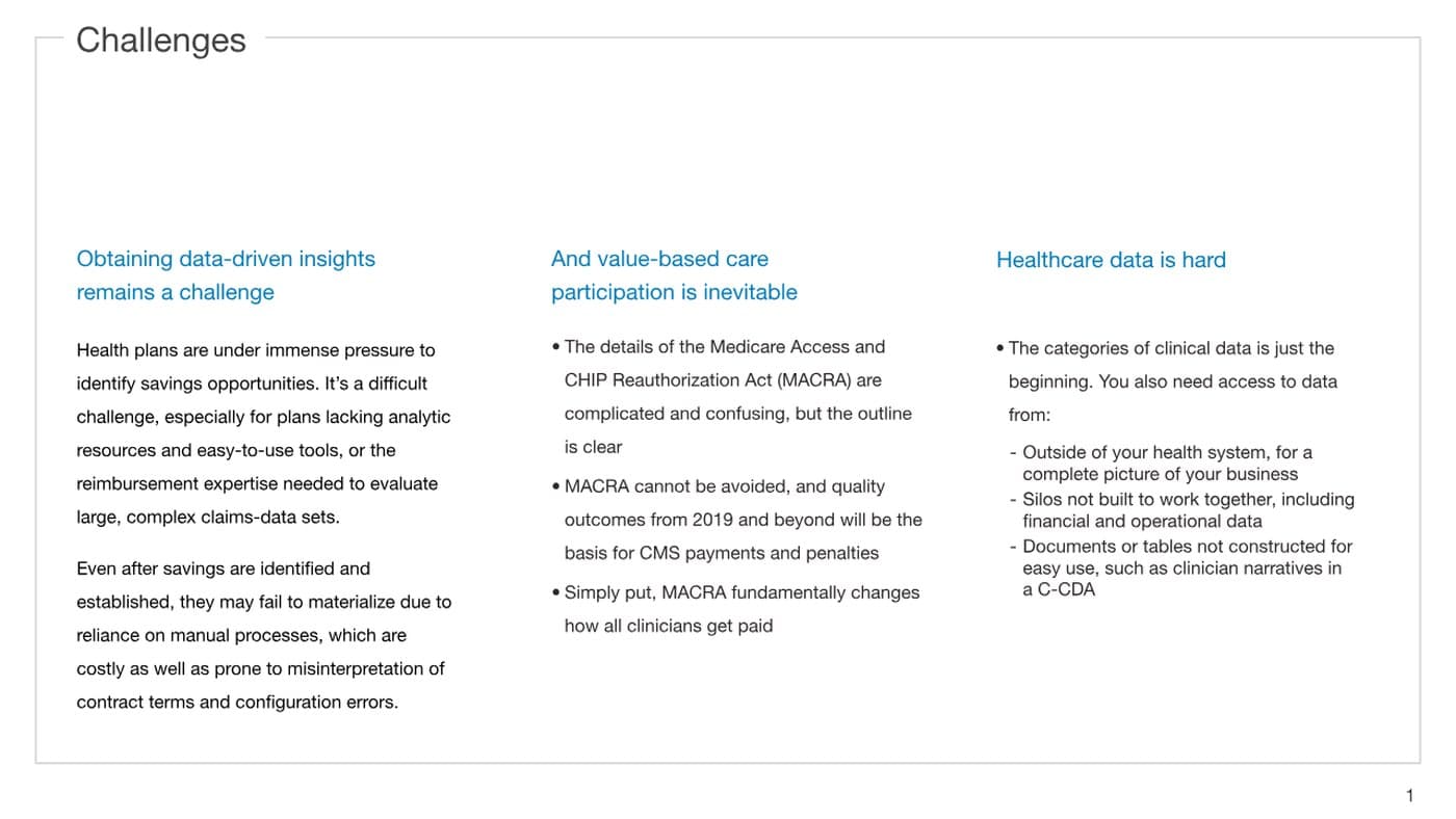 Challenges slide describing why data-driven insight and value-based care are hard for health systems