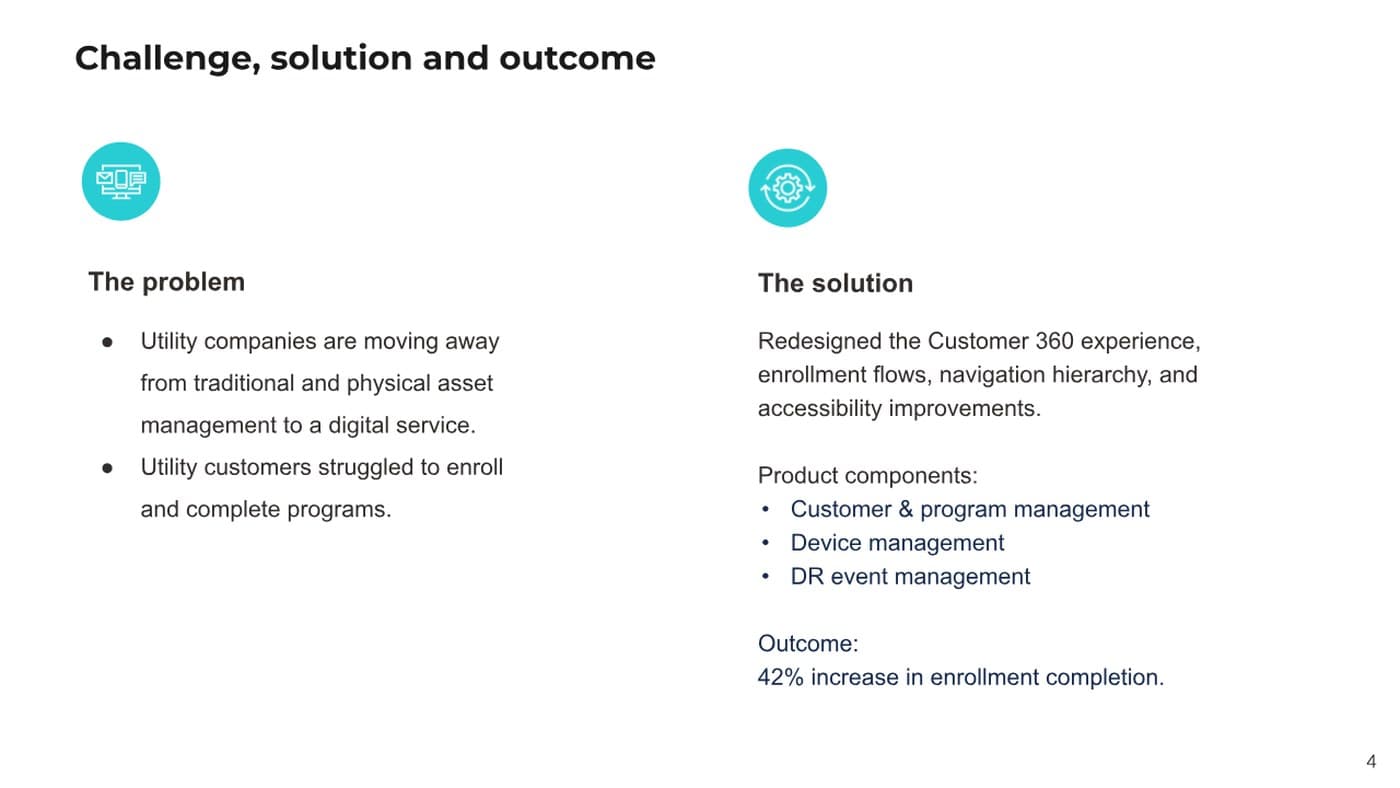 Challenge, solution, and outcome slide stating a 42% increase in enrollment completion