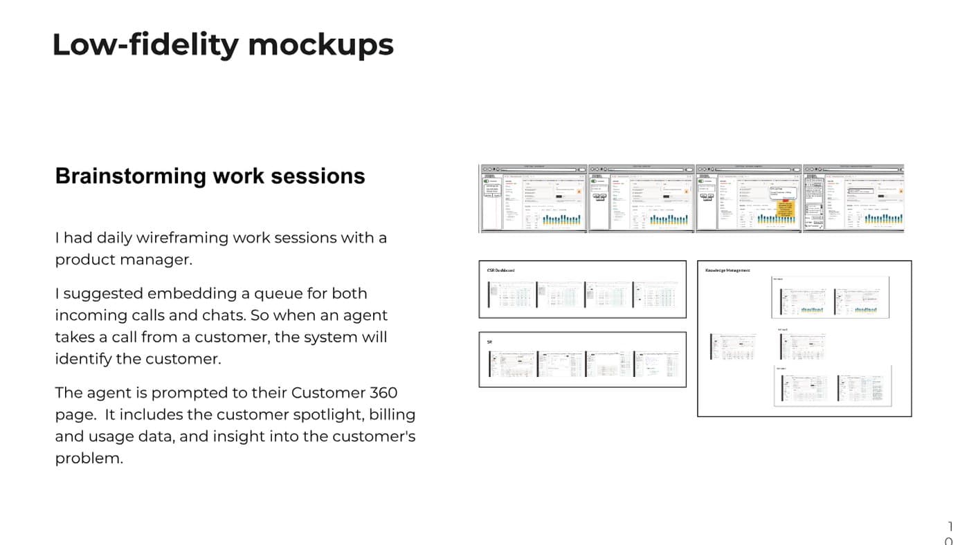 Low-fidelity wireframe mockups for a CSR dashboard and knowledge-management screens, next to notes from daily brainstorming sessions