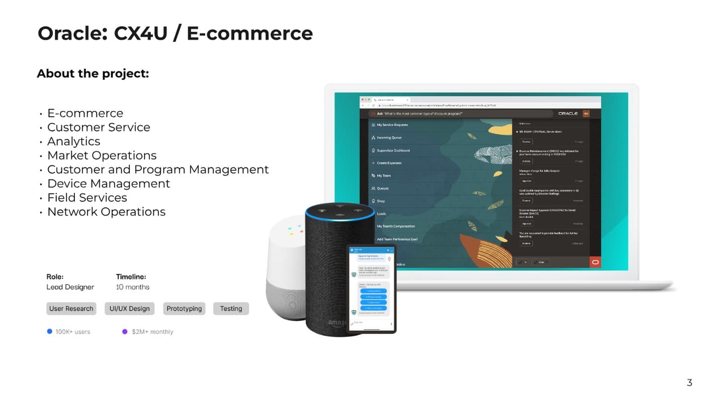 About the CX4U project, listing e-commerce, customer service, analytics, and operations capabilities, next to a laptop dashboard, smart speakers, and a phone