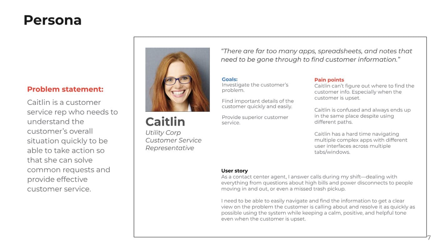 Persona profile for Caitlin, a Utility Corp customer service representative, with her goals, pain points, and a direct quote about too many disconnected tools