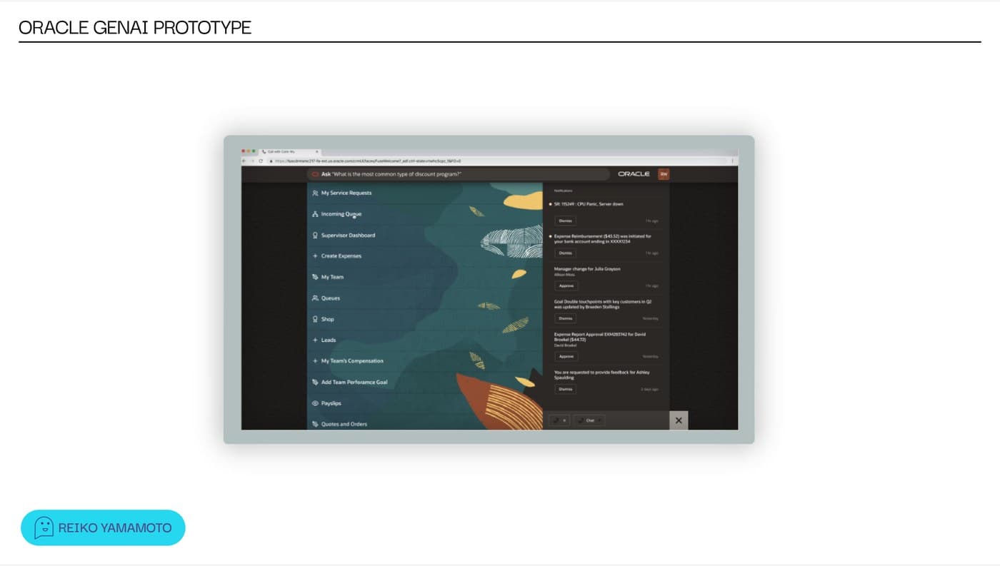 Oracle GenAI Prototype screen with an Ask bar and a notifications panel