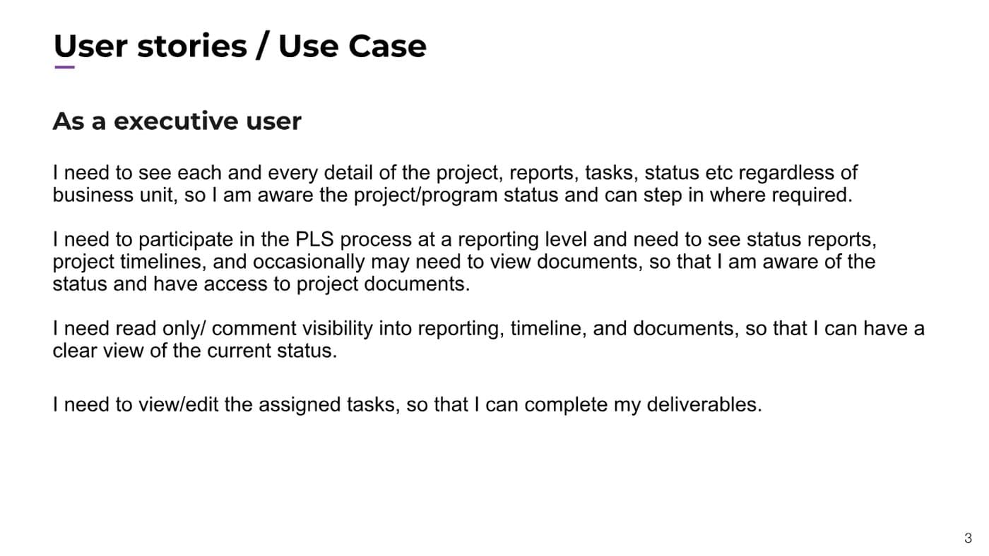 User stories slide for the executive user role in PASA Enterprise Collaboration