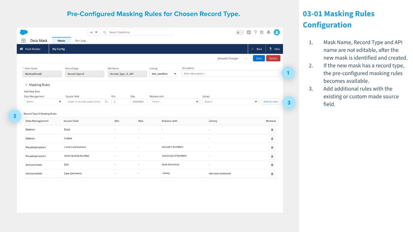 Masking Rules Configuration screen listing data-management rules by source field
