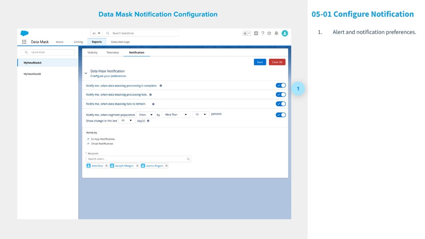 Data Mask Notification Configuration screen with toggles for processing, failure, and segment-population alerts