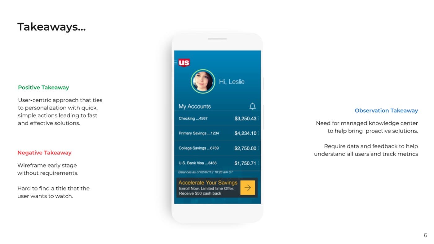 Usability test photos of two personas holding a phone running the prototype, next to a takeaways summary