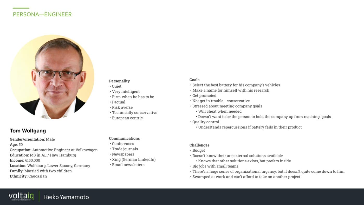 Persona profile for Tom Wolfgang, an automotive engineer, with personality, goals, and challenges