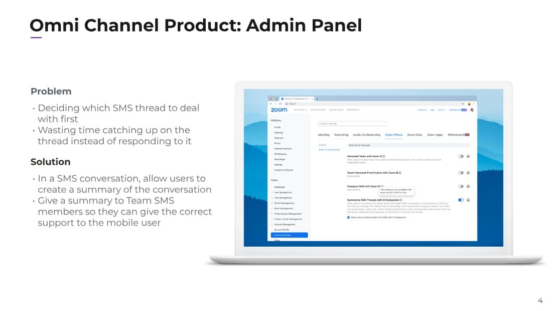 Zoom admin settings panel with the “Summarize SMS Threads with AI Companion” toggle enabled