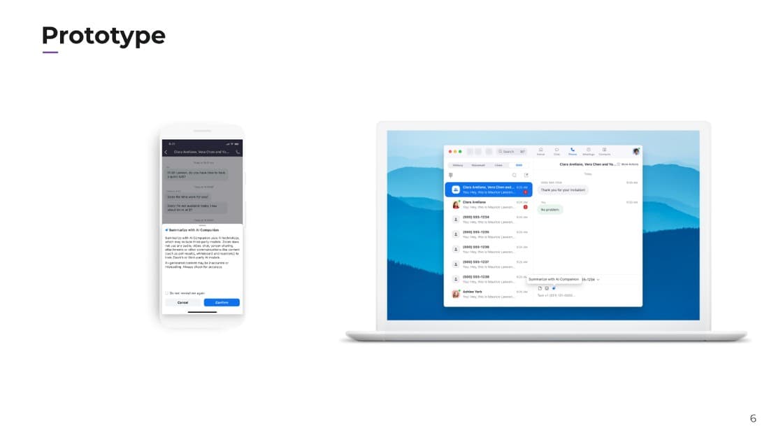 Zoom AI Companion SMS summary prototype on mobile and desktop