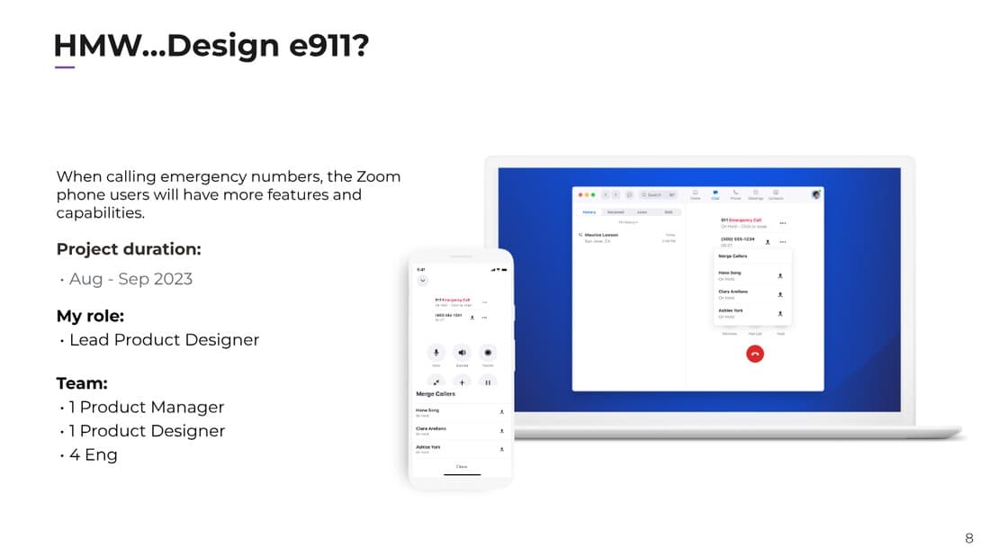 Zoom Phone e911 emergency call on hold with a merge callers panel listing teammates